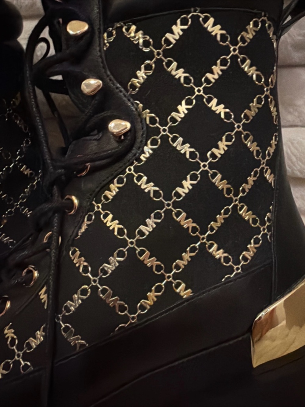 Michael Kors Black and Gold Logo Lace-Up Combat Boots - Picture 7 of 10